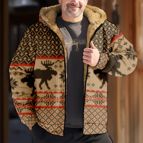 Men's Christmas Print Thickened Fleece Hooded Sweatshirt Jacket - Cotosen.com