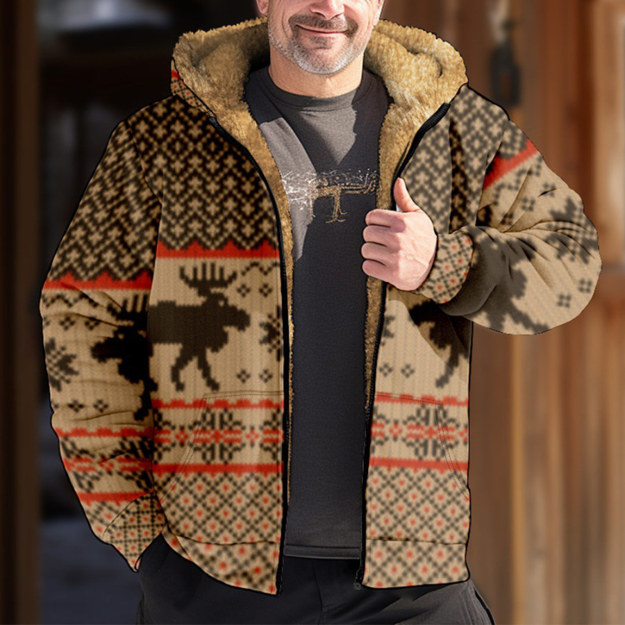 

Chaqueta Tipo Sudadera Con Capucha De Forro Polar Grueso Con Estampado Navideño Para Hombre