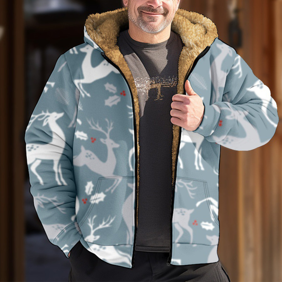 

Chaqueta Tipo Sudadera Con Capucha De Forro Polar Grueso Con Estampado De Alces Navideños Para Hombre