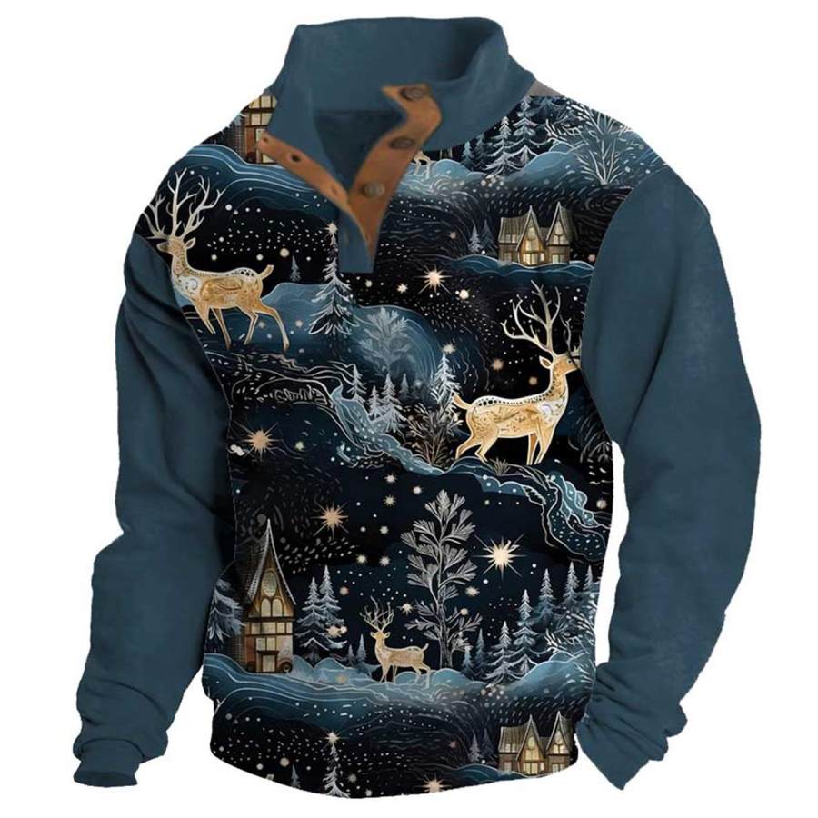 

Herren-Sweatshirt Weihnachten Rentier Wunderland Stehkragen Knöpfe Alltagsoberteile Marineblau