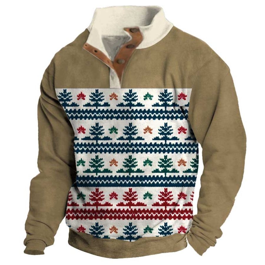 

Sudadera Para Hombre Árbol De Navidad Cuello Alto Botones Tops Diarios Caqui