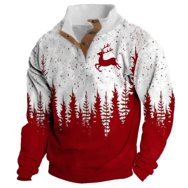 Men's Sweatshirt Christmas Tree Reindeer Stand Collar Buttons Daily Tops Red - Ootdyouth.com 