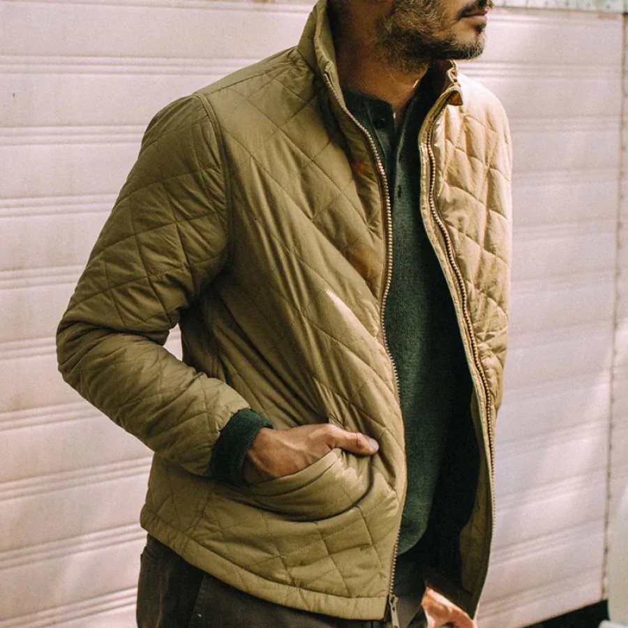 

Men's Vintage Lapel Quilted Zip-Up Jacket