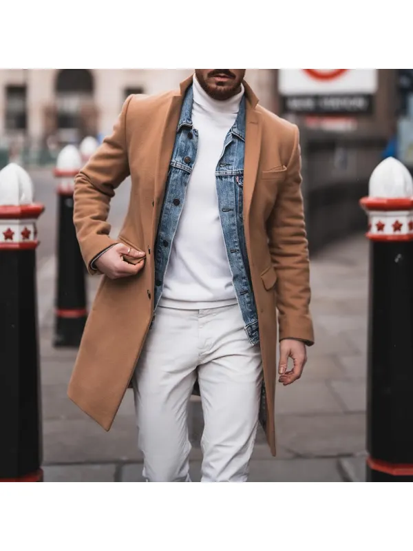 Men's Solid Color Mid-length Lapel Coat - Spiretime.com 