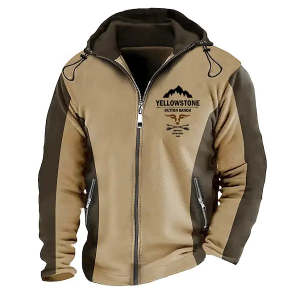 Men's Hoodie Jacket Vintage Yellowstone Print Color Block Pocket Coat - Cotosen.com