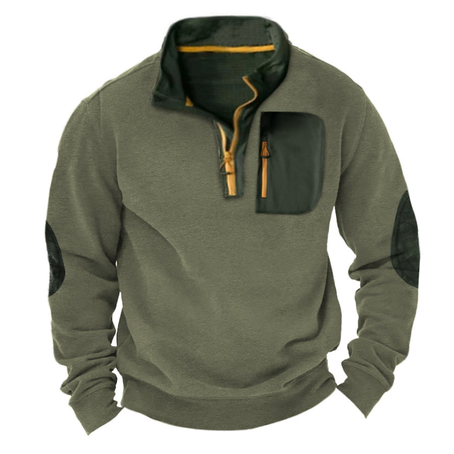 

Sudadera Con Bolsillo Táctico Para Exteriores Para Hombre Con Cremallera En El Cuarto Parche En El Codo Cuello Levantado Color De Contraste Tops Diarios