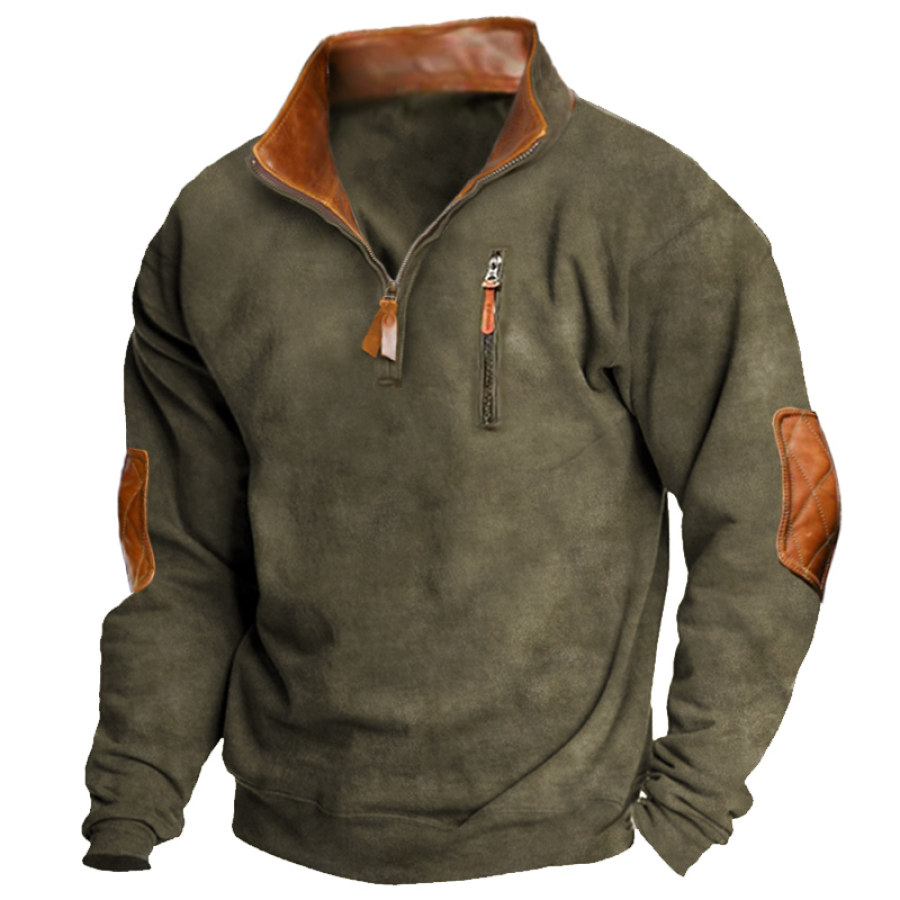 

Men's Outdoor Leather Paneled 1/4 Zip Sweatshirt Retro Tactical Pocket Pullover