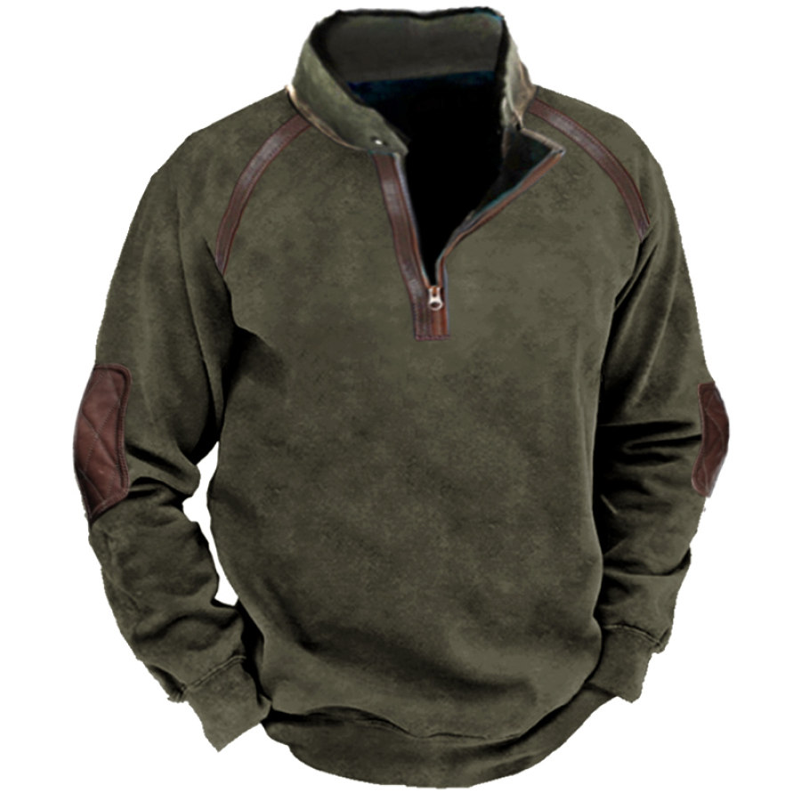 

Men's Outdoor Leather Paneled 1/4 Zip Half Open Collar Tactical Sweatshirt