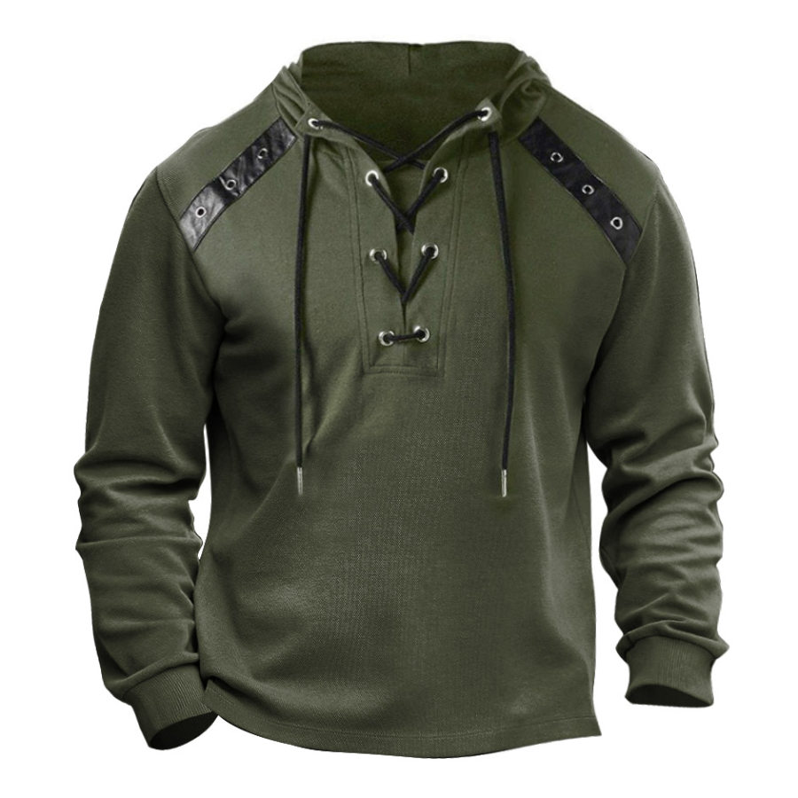 

Men's Hoodie Lace-Up Paneled Leather Vintage Long Sleeve Outdoor Daily Tops