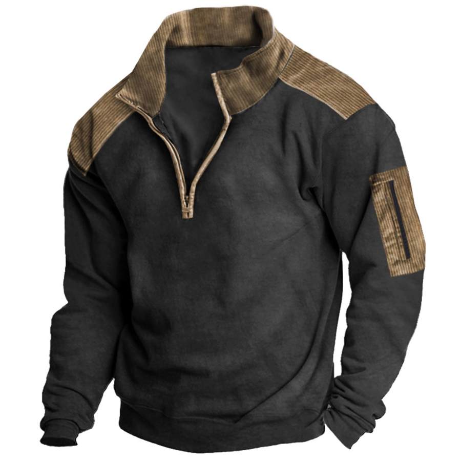 

Sudadera Para Hombre Patchwork Pana Vintage Bolsillo Táctico Al Aire Libre Cuarto Con Cremallera Tops Diarios