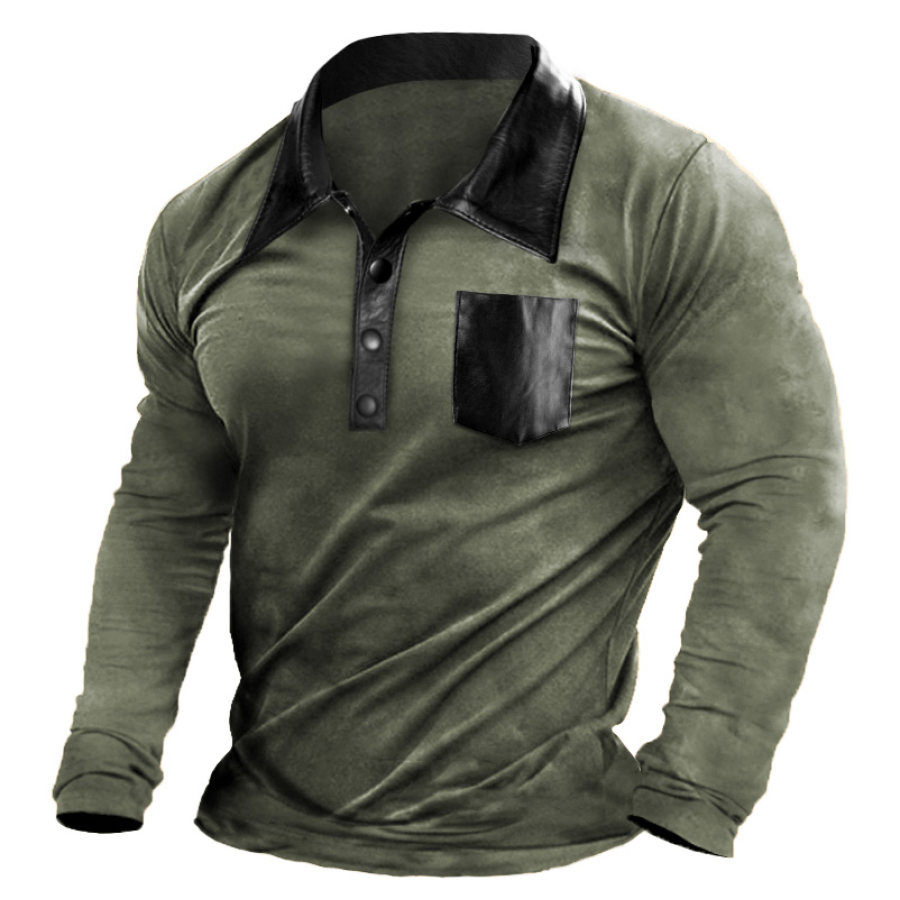 

Men's T-Shirt Polo Leather Collar Pocket Vintage Long Sleeve Outdoor Daily Tops