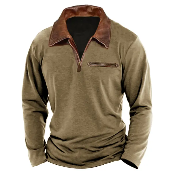 Men's 1/4 Zipper Polo Leather Lapels Vintage Contrast Color Leather Pockets Long Sleeve T-Shirt - Cotosen.com