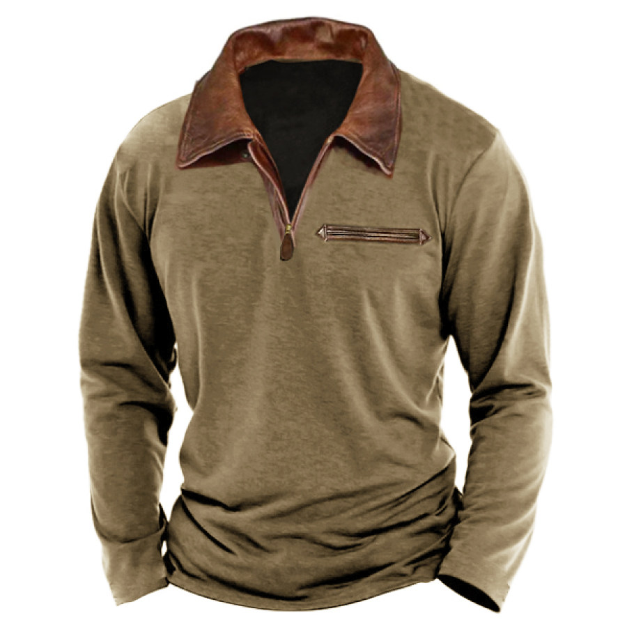 

Мужская футболка-поло на молнии 1/4 с кожаными лацканами и винтажными кожаными карманами контрастного цвета с длинным рукавом