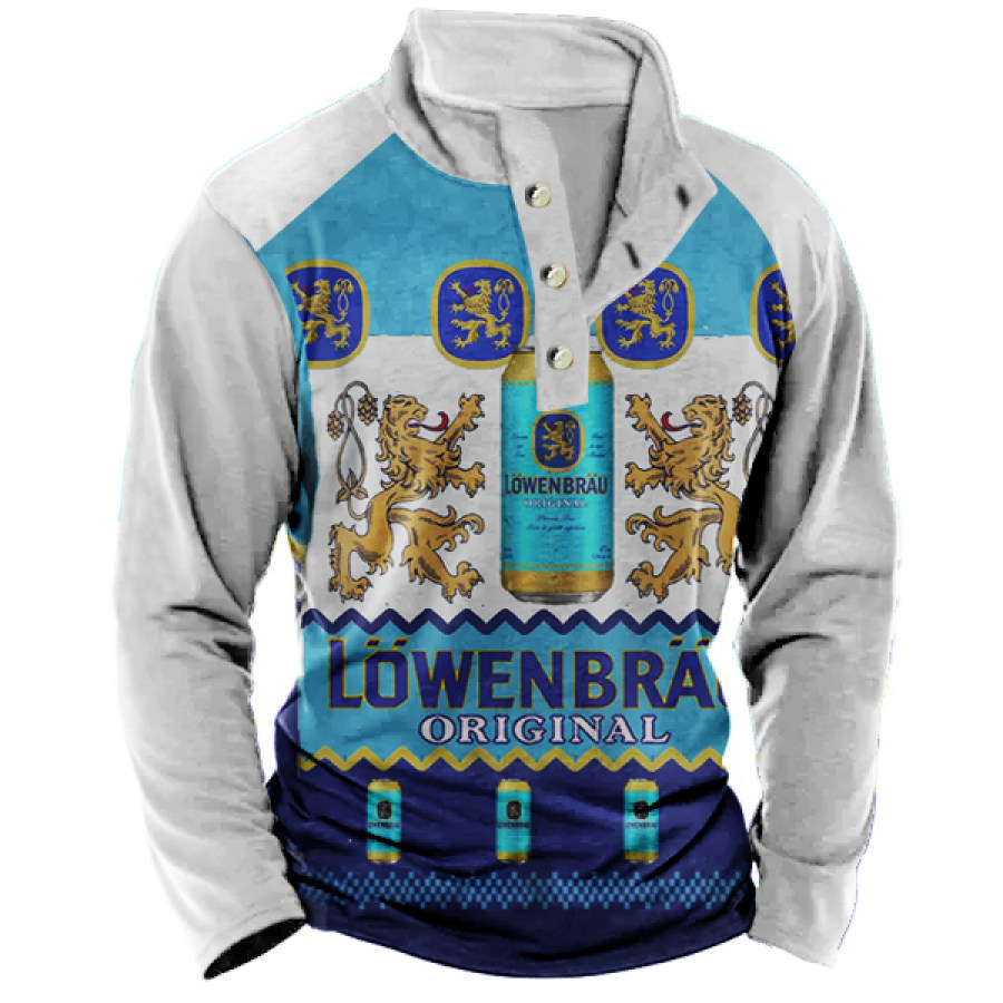 

T-shirt Décontracté à Manches Longues Et Col Montant Henley Imprimé Löwenbräu Pour Hommes
