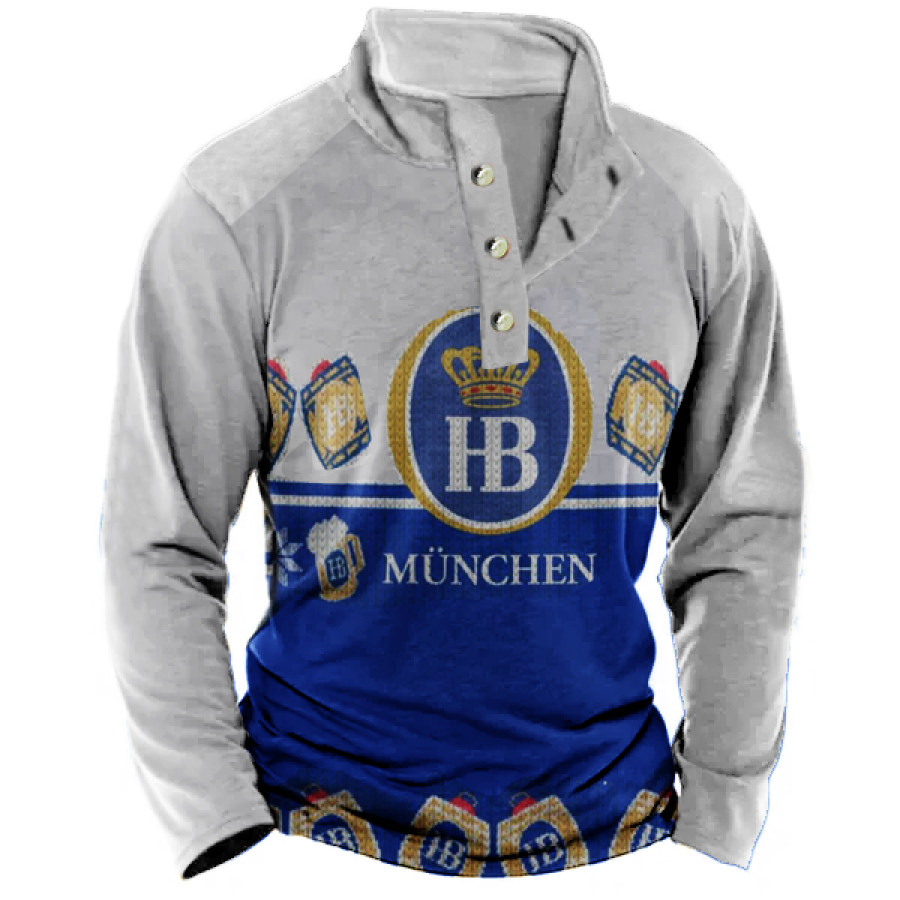 

Herren-Langarm-Freizeit-T-Shirt Mit Henley-Stehkragen Und Hofbräu-Print