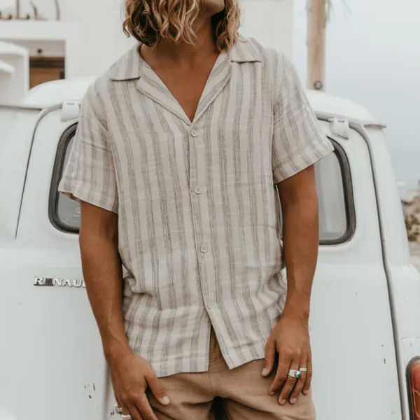 Men's Hawaiian Stripe Cotton Linen Champagne Shirts Button Down Pocket Comfortable Breathable Soft Holiday Beach Shorts - Cotosen.com
