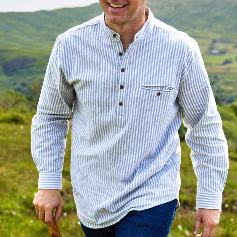 

Men's Grandad Collar Shirt Grandfather Shirt Henley Pocket Stripe Long Sleeve Casual Daily Tops