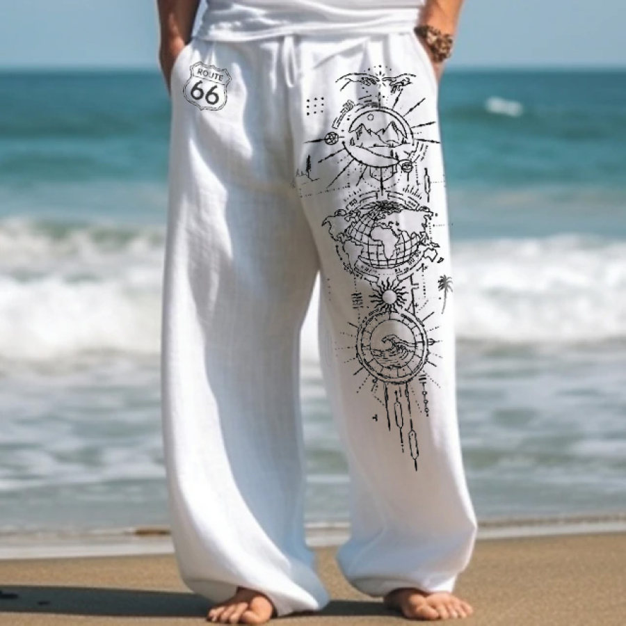 

Мужские льняные брюки Route 66 Art World Map повседневные летние пляжные удобные свободные брюки с дышащей резинкой на талии