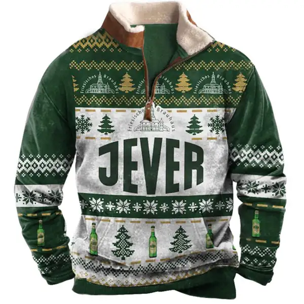 Men's Sweatshirt Quarter Zip Jever German Ugly Christmas Plush Collar Vintage Daily Tops - Cotosen.com