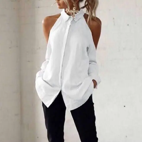 Casual Off-Shoulder Turndown Collar Splicing Pure Colour Blouse - Leanarea.chimpone.com 