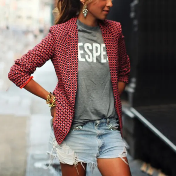 Fashion Casual Women's Red Plaid Long-Sleeved Lapel Blazer Outwears - Leanarea.chimpone.com 
