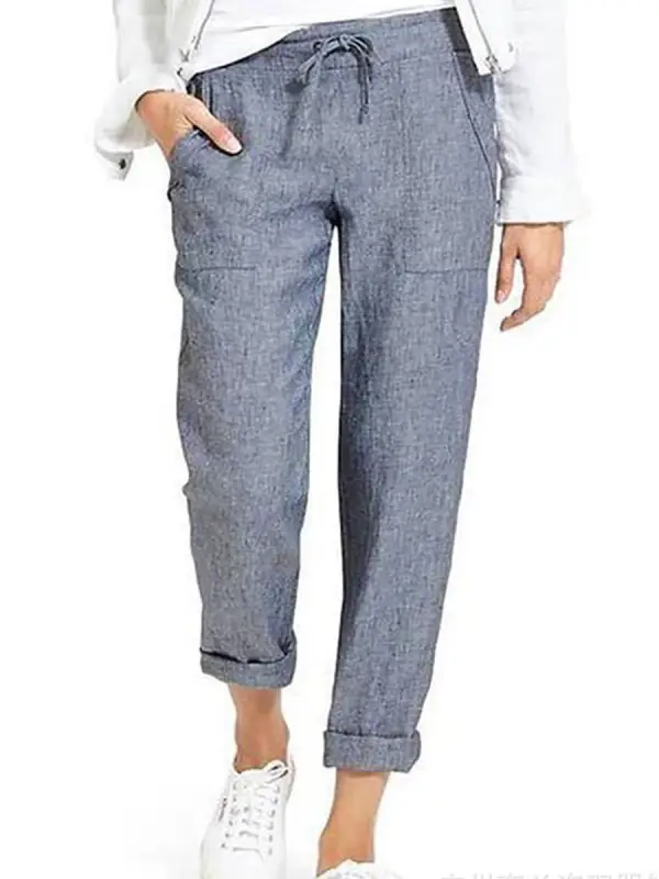 pantalon décontracté à taille haute avec poche coulissante en coton et lin - Funluc.com 