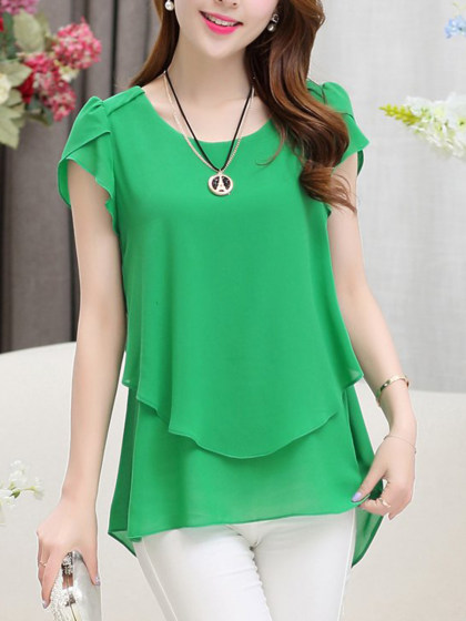 Spring Summer  Chiffon  Round Neck  Plain  Petal Sleeve  Short Sleeve Blouse