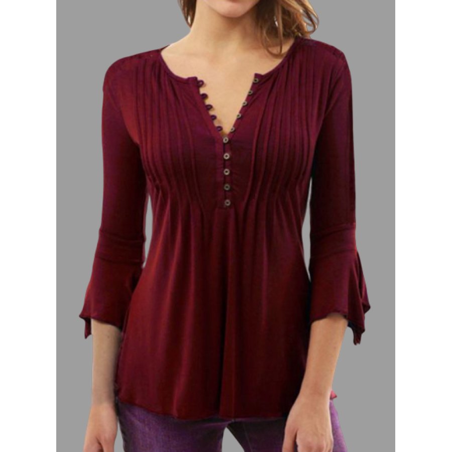 Round Neck Single Breasted Plain Bell Sleeve Blouses