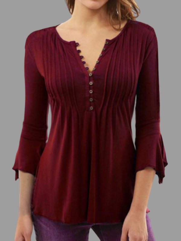 

Round Neck Single Breasted Plain Bell Sleeve Blouses