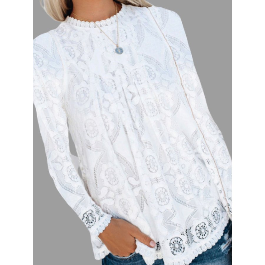 Lace V Neck Stitching Solid Color Long Sleeved T Shirt