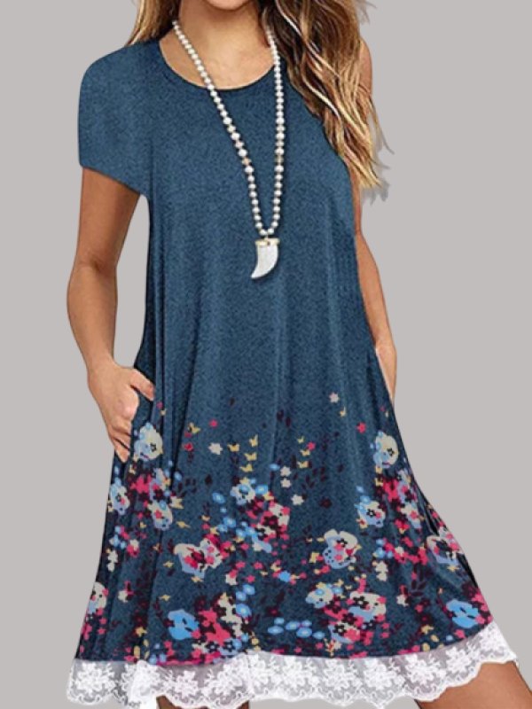 

Round Neck Patchwork Floral Printed Shift Dress