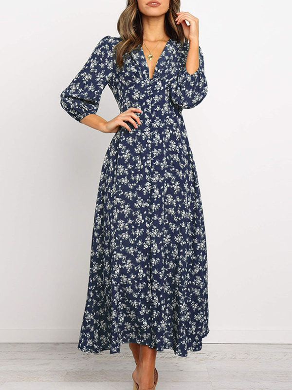 

Printed V-neck long sleeve high waist chiffon midi dress