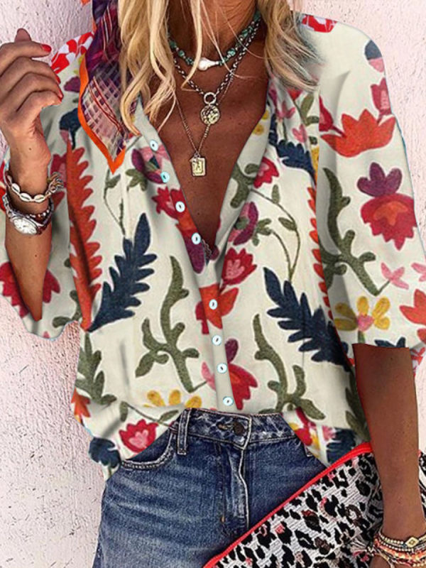 

Casual Printed Colour Single Breasted Long Sleeve Loose Blouse