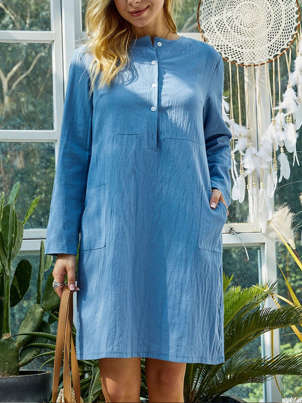 

Loose cotton-linen vintage long-sleeved dress