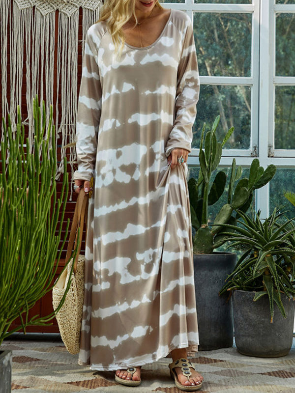 

V-Neck Tie Dyeing Printed Loose Long-Sleeved Dress