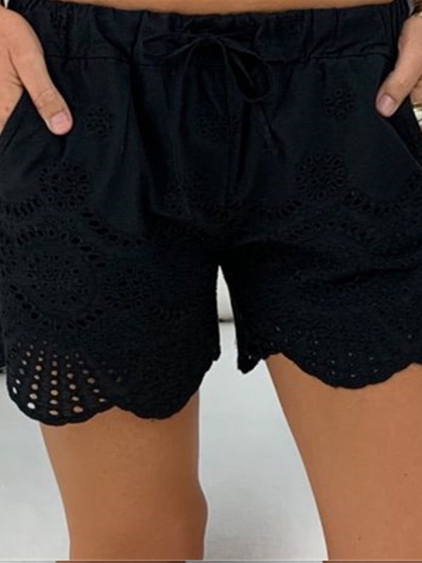 

Casual Elastic Waist Drawstring Hollow Pattern Short Pant