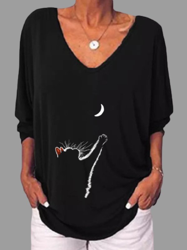 

Women Cat Print Three-quarter Sleeve Casual T-shirt