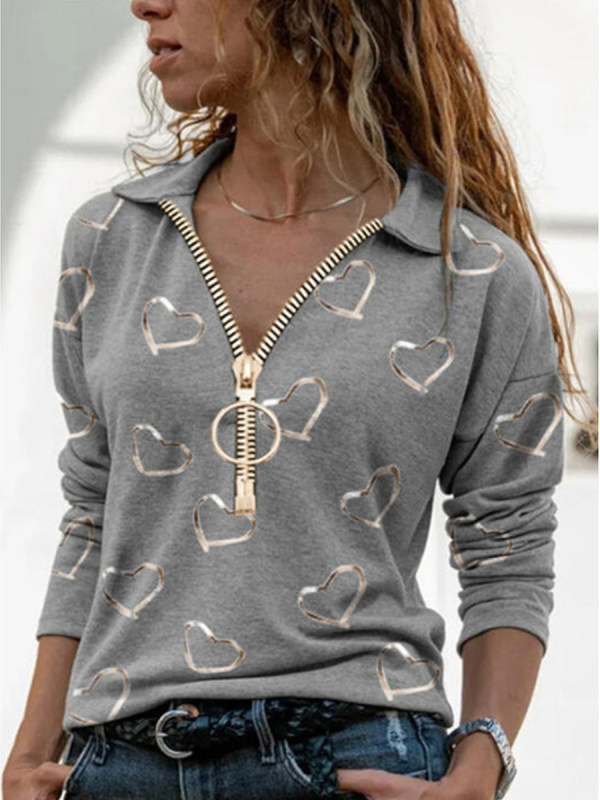 

V-neck long-sleeved loose casual printed top with zipper lapel T-shirt