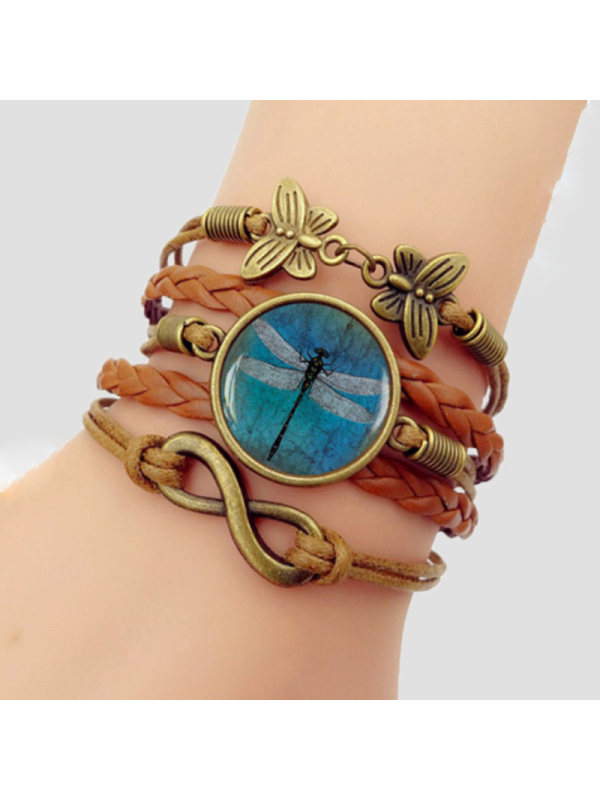 

Vintage Amber Blue Dragonfly Leather Braided Bracelet