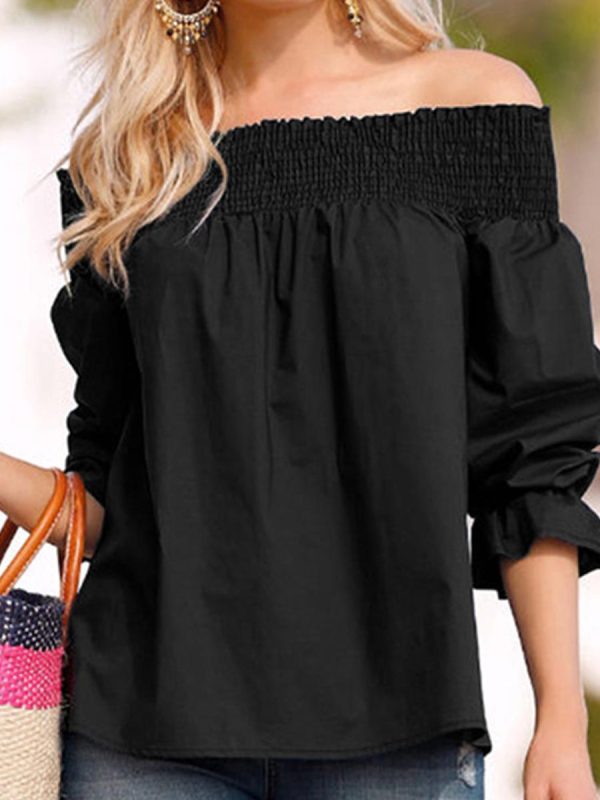 

Fashion boat neck loose puff sleeves bow shirt