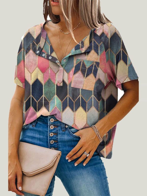 

Fashion all-match geometric pattern stitching short-sleeved shirt