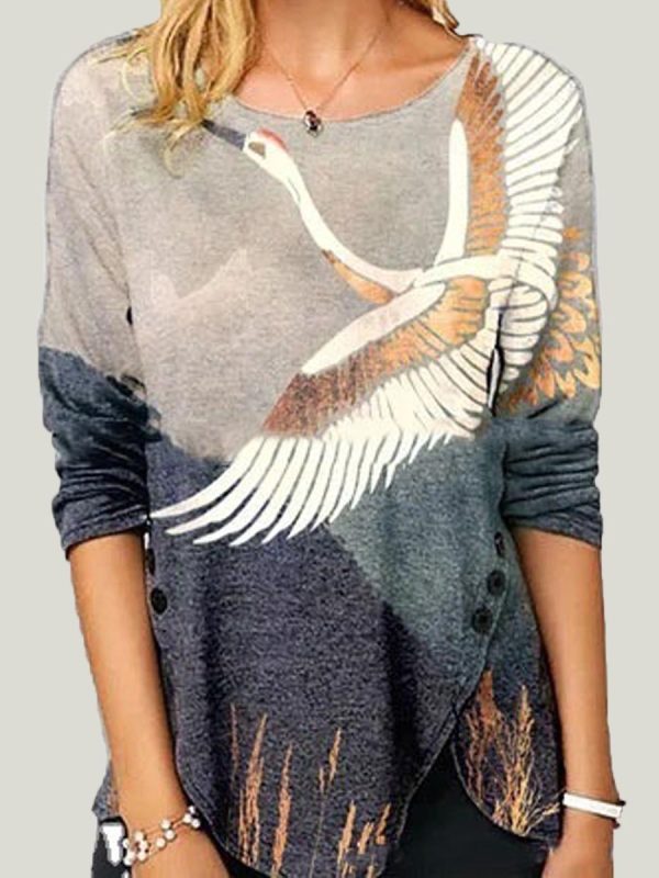 

Womens New Printed Casual Long-sleeved T-shirt With Slits