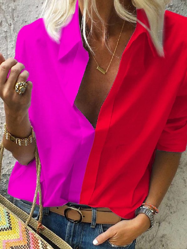 

V-neck Fashion Colorblock Long Sleeve Shirt