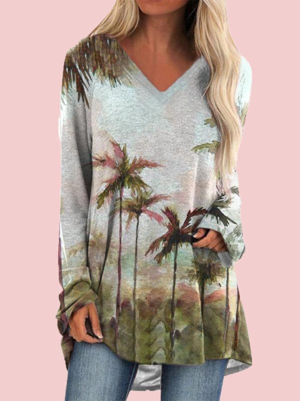 

Plant print V-neck long-sleeved casual T-shirt