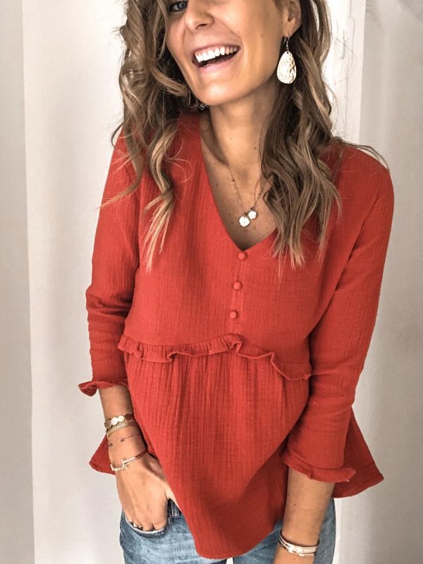 

Women's Casual Deep V-Neck Long Sleeve Pure Color Loose Blouse