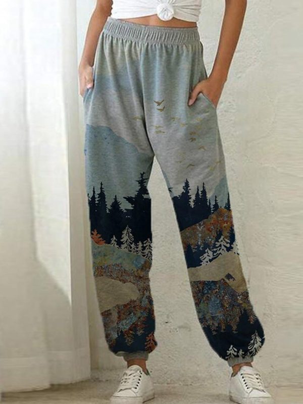 

Ladies Mountain Treetop Print Loose Sweatpants