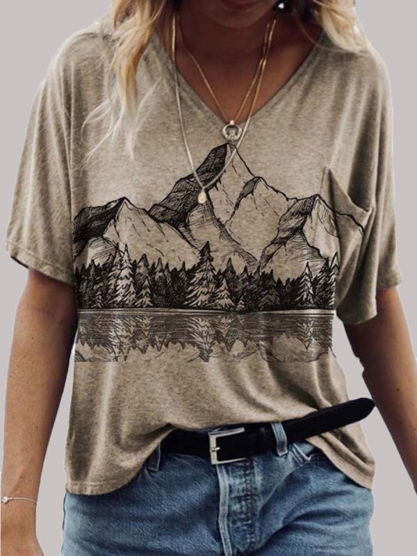 

V-neck landscape print short-sleeved pullover casual T-shirt