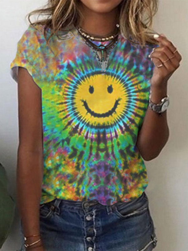 

Smiley face tie dye short sleeve loose T-shirt