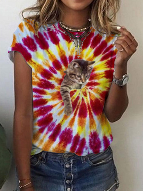 

Cat tie dye short sleeve loose T-shirt