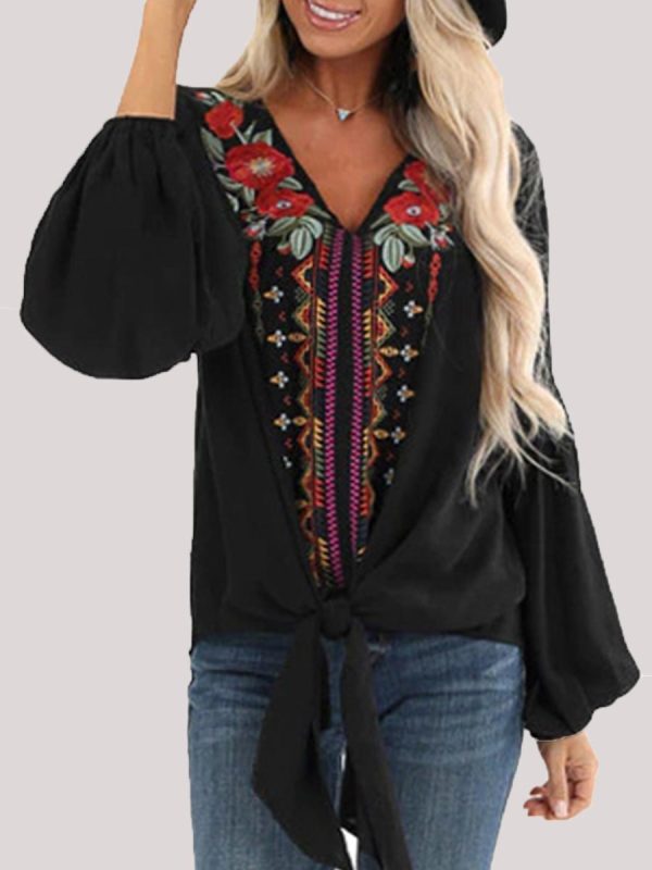 

Fashion embroidered v-neck chiffon casual t-shirt